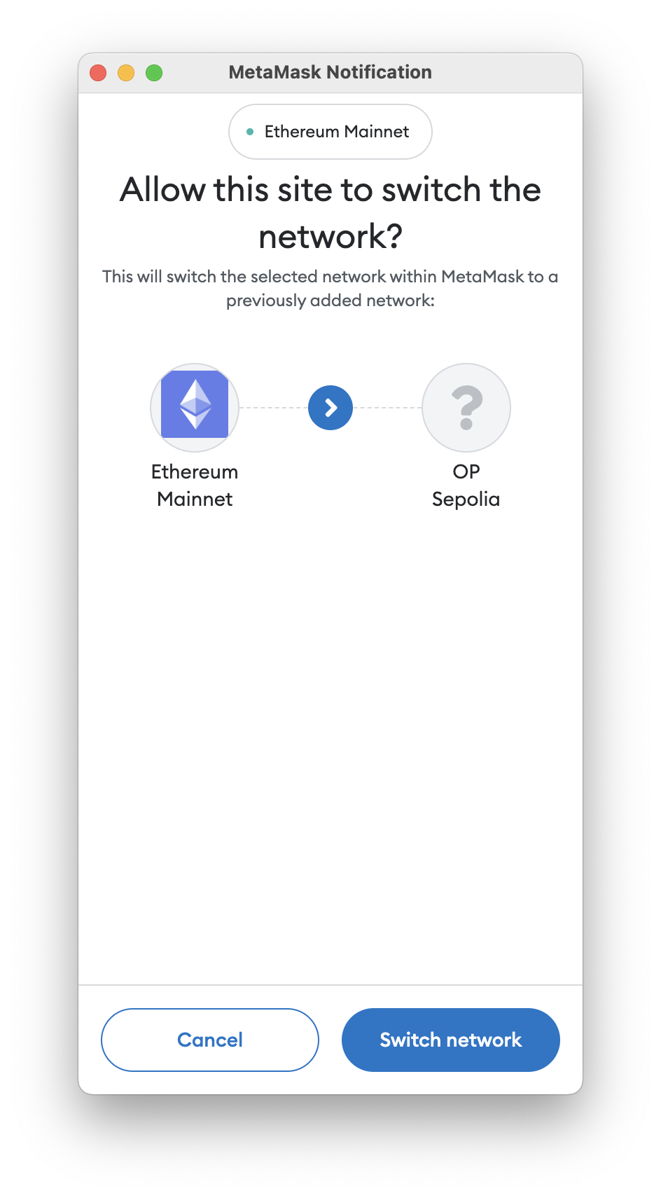 MetaMask window with the network switching pane open.